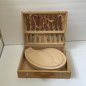 VINTAGE PRADEL INOX FRANCE WOODEN BOARDS WITH‎ KNIVES & FORKS IN CASE